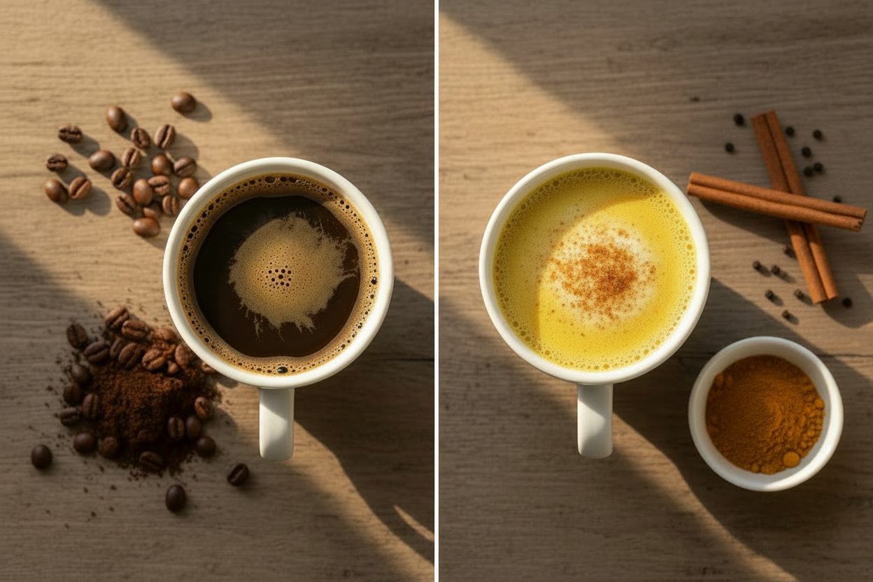 Side by side comparison of a black coffee mug and a golden milk latte mug on a rustic wooden surface with two crossed cinnamon sticks, black peppercorns, and a dish of golden spice blend