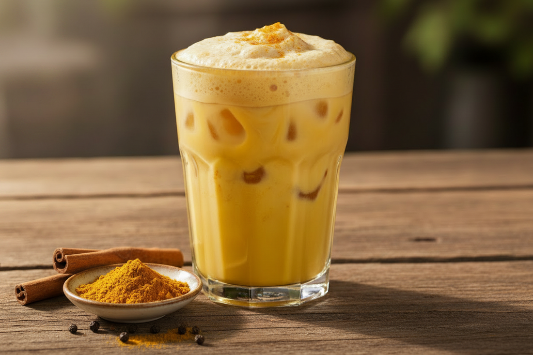 Iced golden milk latte in a clear glass with ice, styled with cinnamon stick and black peppercorns on a rustic wooden surface