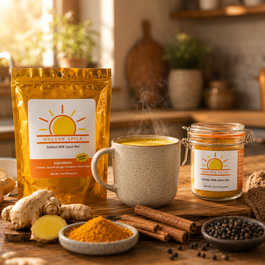 Golden Spice Golden Milk Spice Mix 7oz pouch and 5oz glass jar displayed on a wooden surface with a steaming mug of golden milk, fresh ginger root, turmeric powder, cinnamon sticks, and black peppercorns in a warm kitchen setting