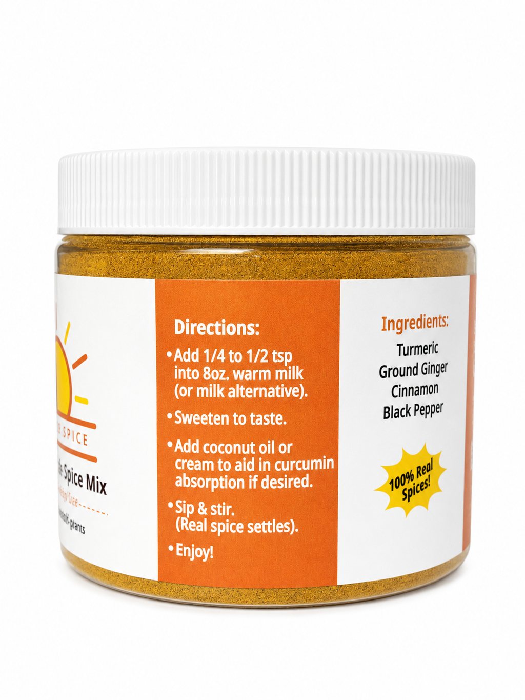 A jar of Golden Spice Golden Milk Spice Mix with a white ribbed lid and a white label featuring an orange panel with directions and ingredients, set against a plain white background.