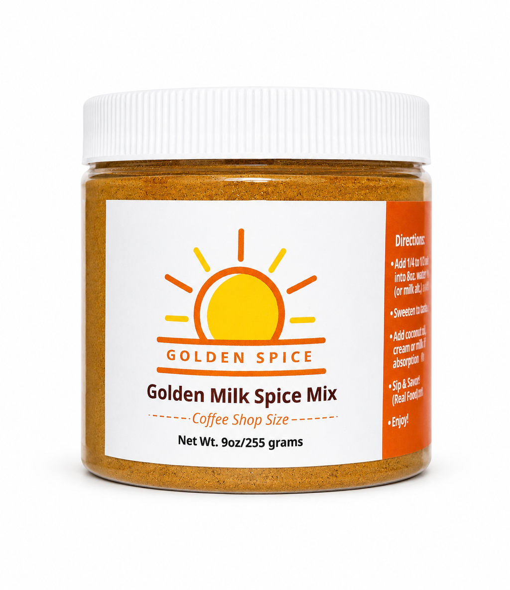A 9 oz jar of Golden Spice Golden Milk Spice Mix on a white background. The product is in a clear plastic jar showing the golden-brown spice blend inside, topped with a white ribbed lid.