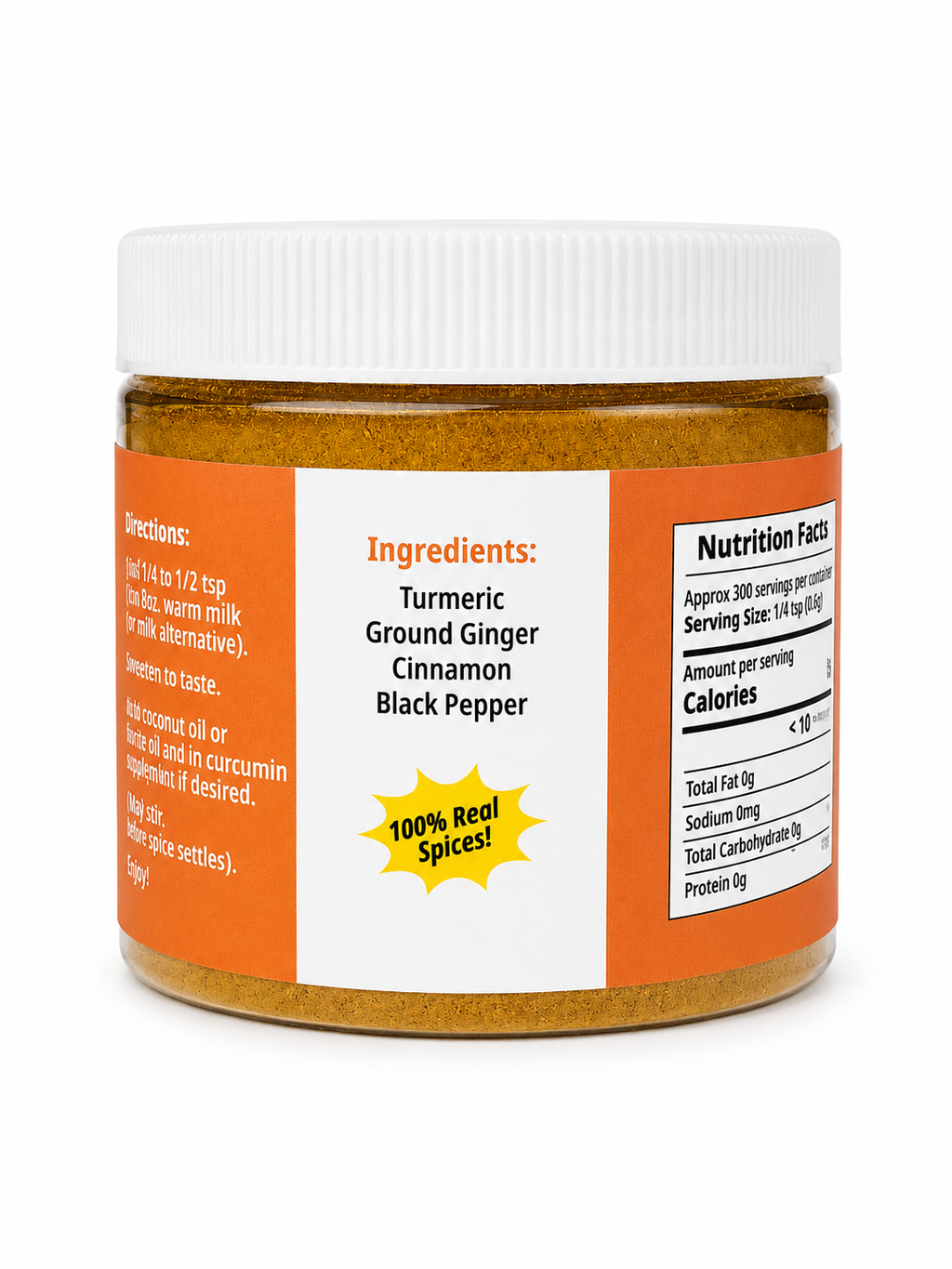 Back of the 9oz Golden Spice jar showing the ingredients panel: turmeric, ground ginger, cinnamon and black pepper, with a 100% Real Spices badge, directions and nutrition facts on an orange label.⠋