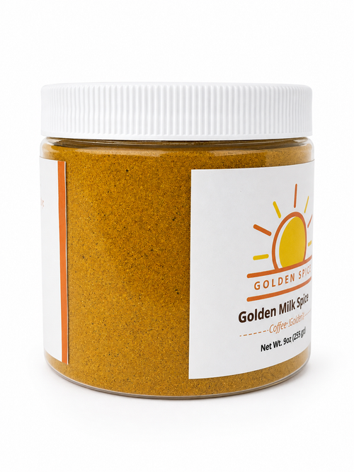 A jar of  Golden Spice Golden Milk blend with a white ribbed lid and a white label featuring a yellow sun logo showing the spice grain through the clear jar, set against a plain white background.