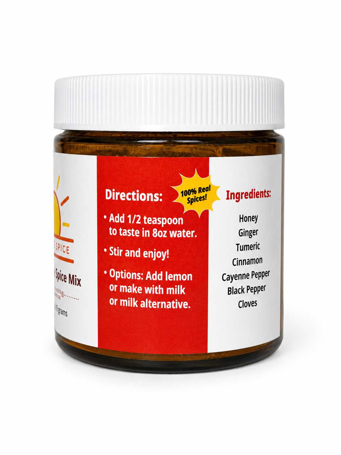 A jar of fire honey, honey spice mix with a white ribbed lid and a white label featuring a large red panel with directions and ingredients, photographed on a white background.