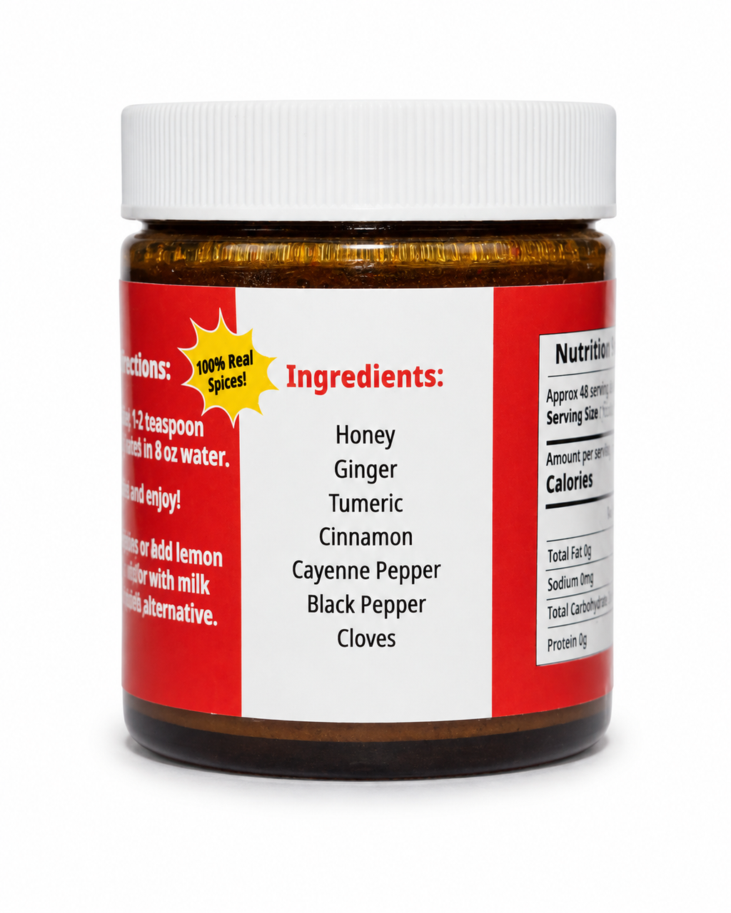 A jar of honey spice mix with a white lid and a red and white label showing the ingredients list, set against a plain white background.