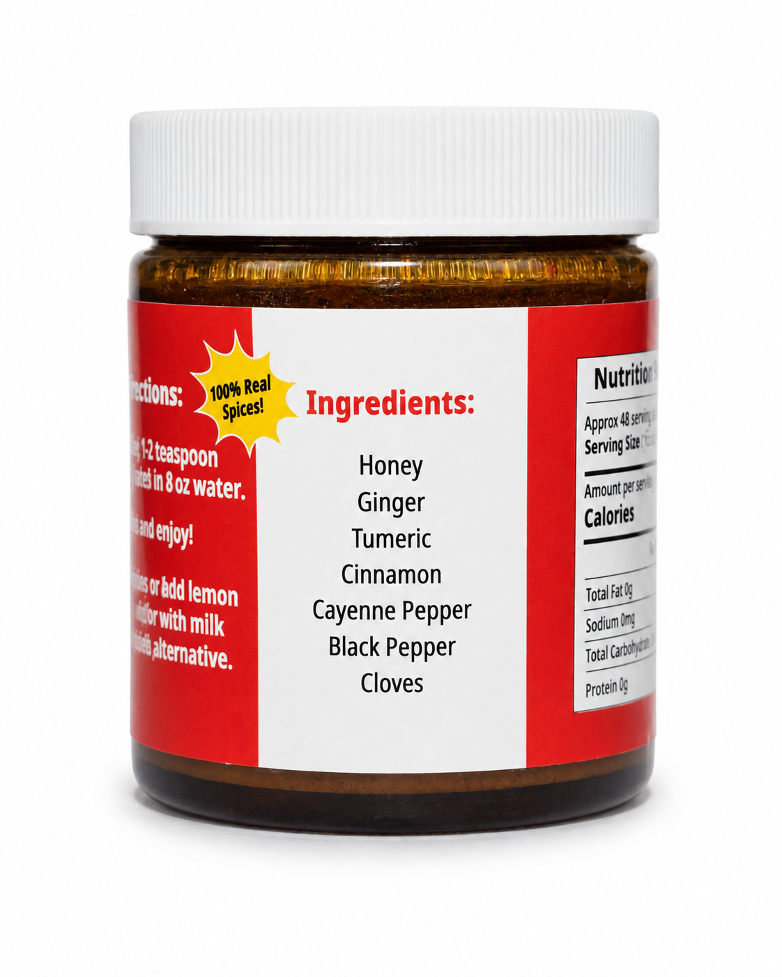 A jar of honey spice mix with a white lid and a red and white label showing the ingredients list, set against a plain white background.