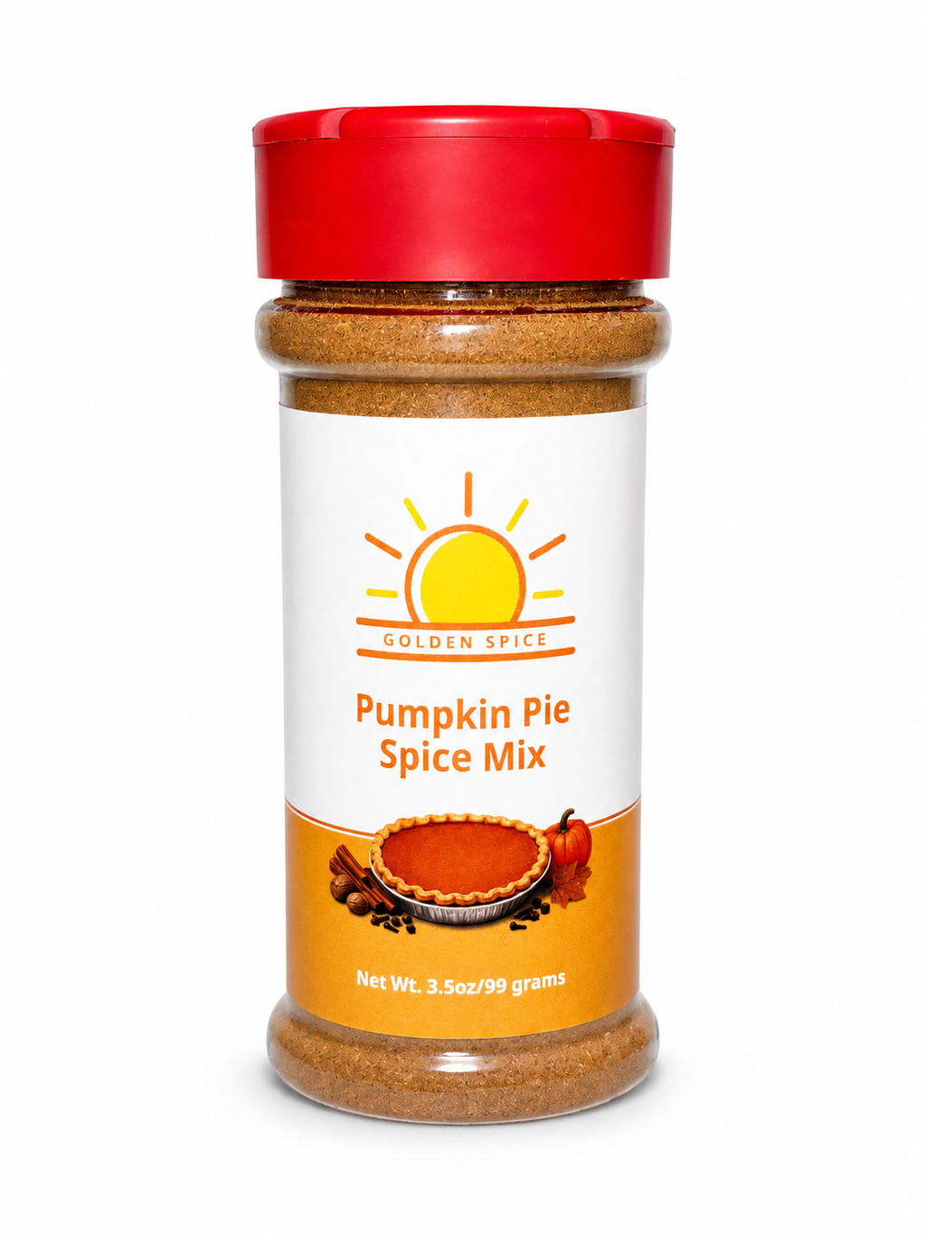 A clear plastic spice jar filled with pumpkin pie spice mix, featuring a white label with a yellow sun logo and orange text reading 'Golden Spice Pumpkin Pie Spice Mix,' topped with a red flip-top lid on a white background.