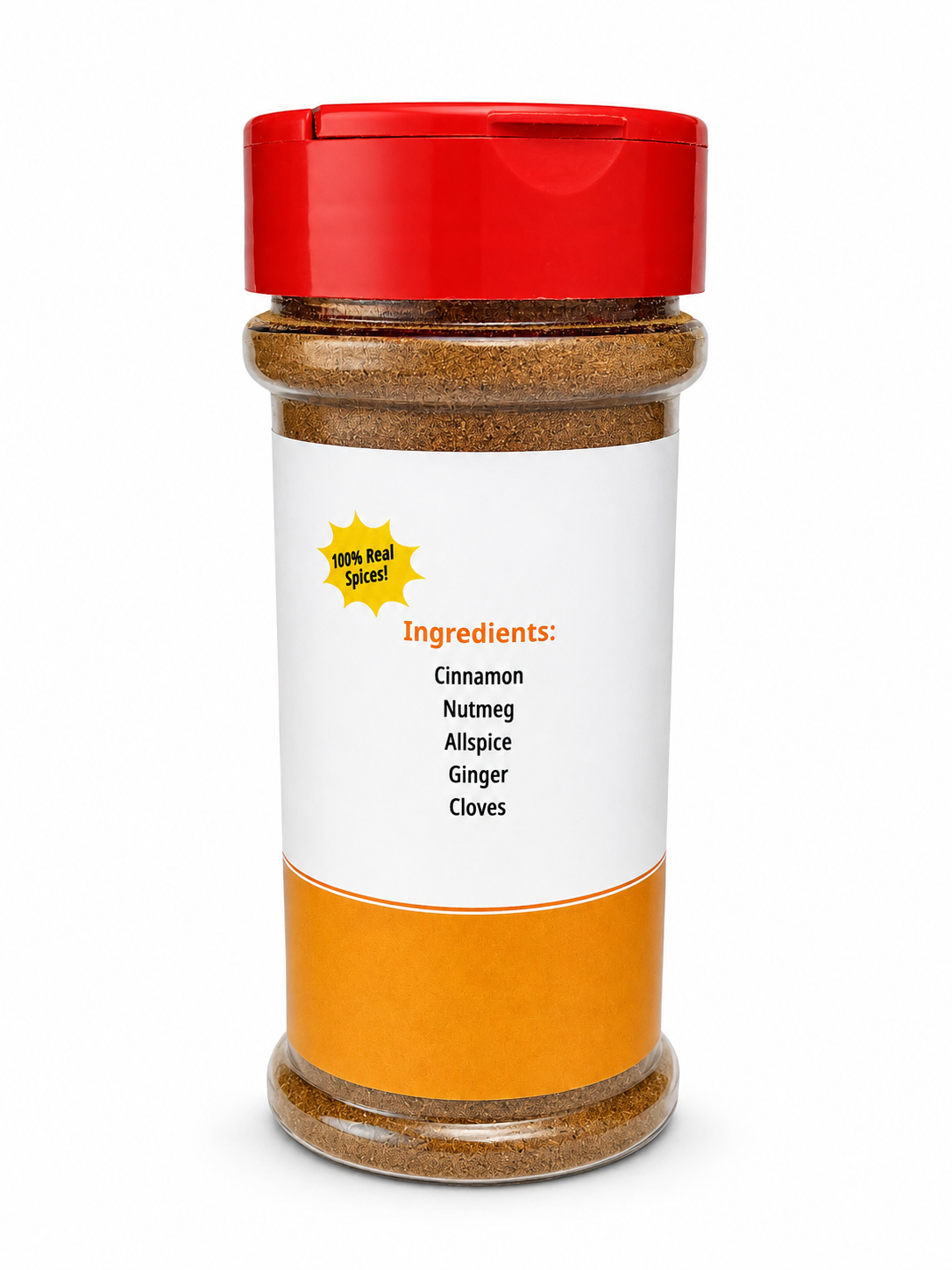 A clear plastic spice jar filled with brown ground spice, featuring a bright red flip-top lid and a white label with a yellow burst that reads '100% Real Spice!' and a list of ingredients including cinnamon, nutmeg, allspice, ginger, and cloves.
