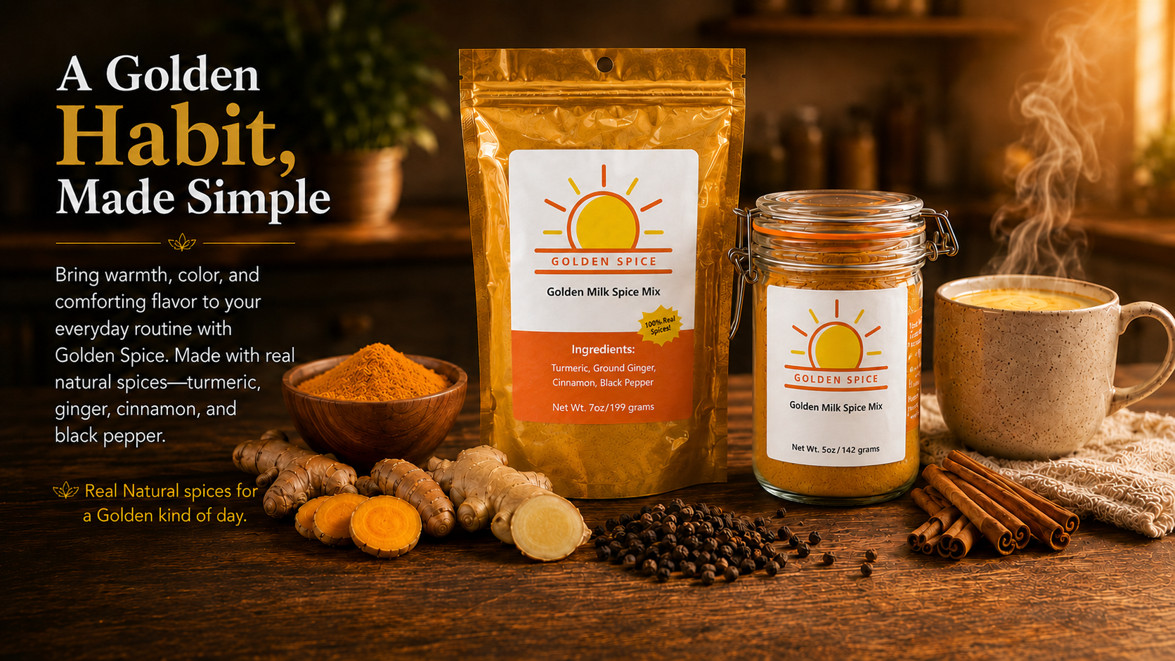 A Golden Habit Made Simple – Golden Spice 7oz pouch and 5oz glass jar with turmeric, ginger, cinnamon, and black pepper