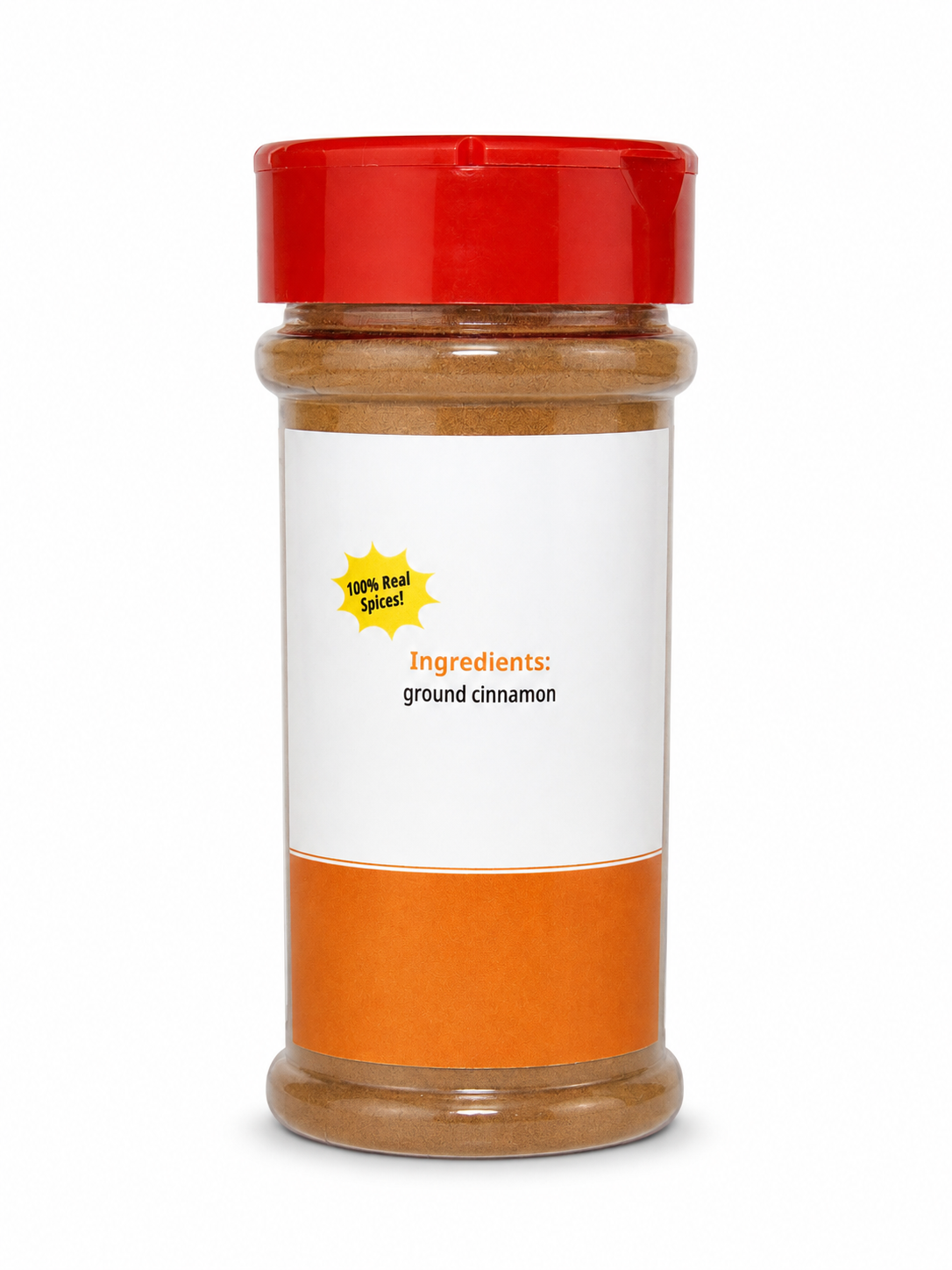 Back of Golden Spice All Natural Cinnamon 3.5oz jar with a red cap and label listing one ingredient: ground cinnamon, on a white background