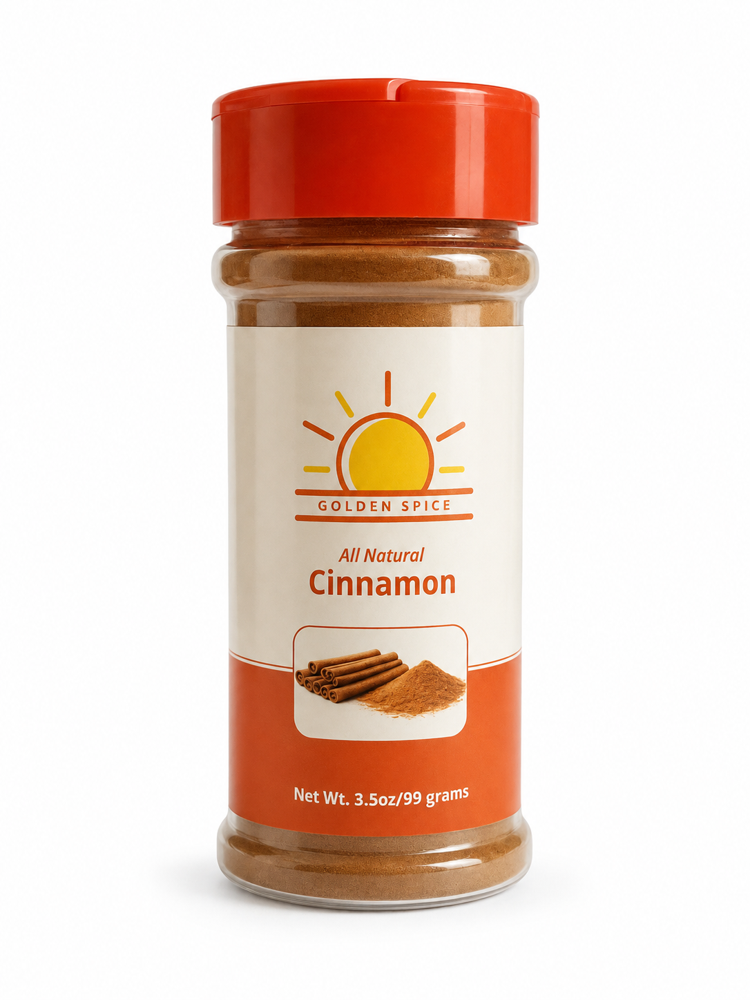 A bottle of Golden Spice All Natural Cinnamon powder, 99 grams, featuring a white label with an orange sun logo and a bright orange-red cap, set against a plain white background.