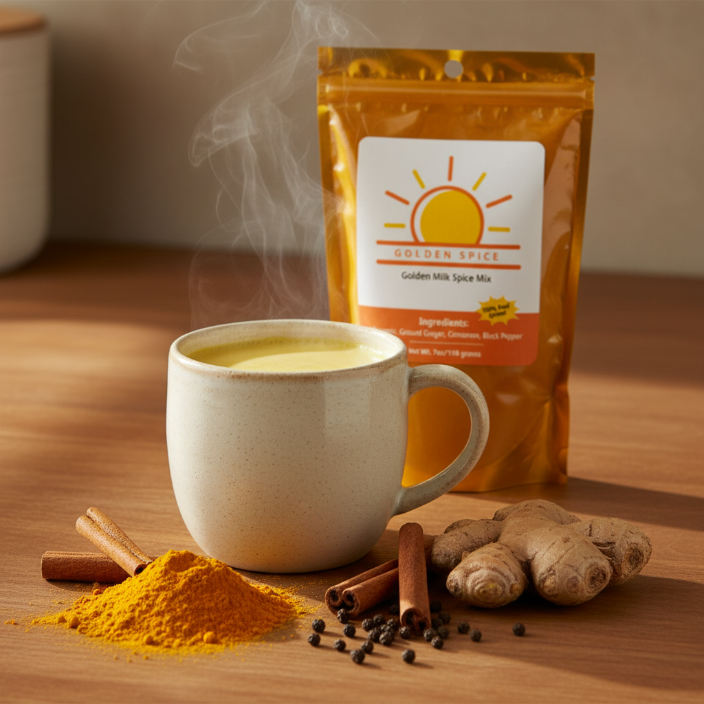 Golden Spice golden milk latte styled in a warm mug, overhead view