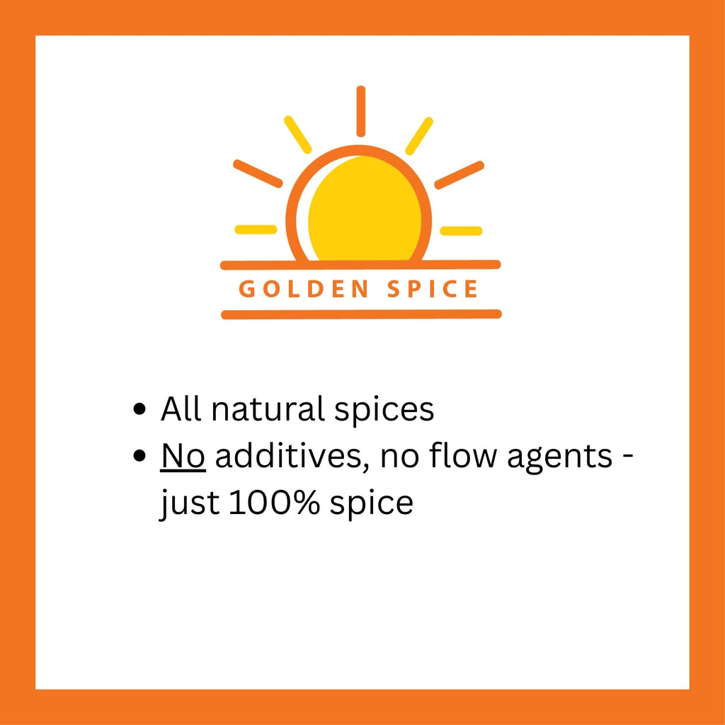Golden Spice brand badge – all natural spices, no additives, no flow agents, just 100% spice