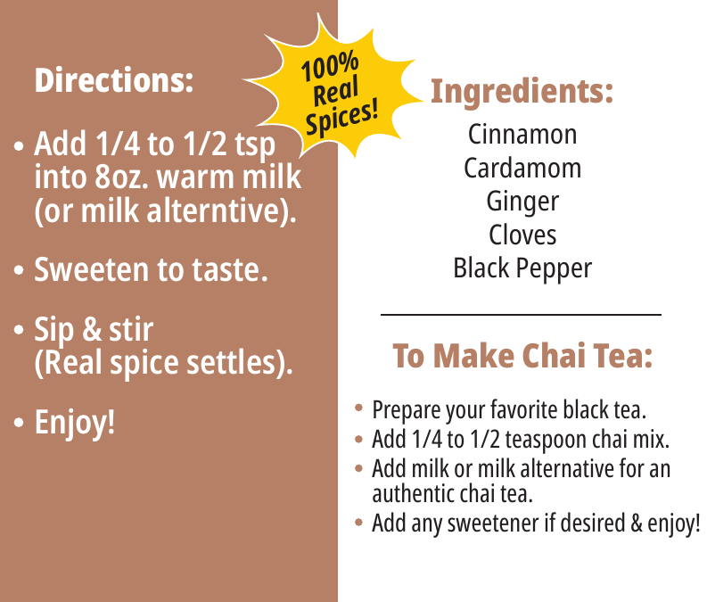 Golden Spice Chai Spice Mix - ingredients and directions label