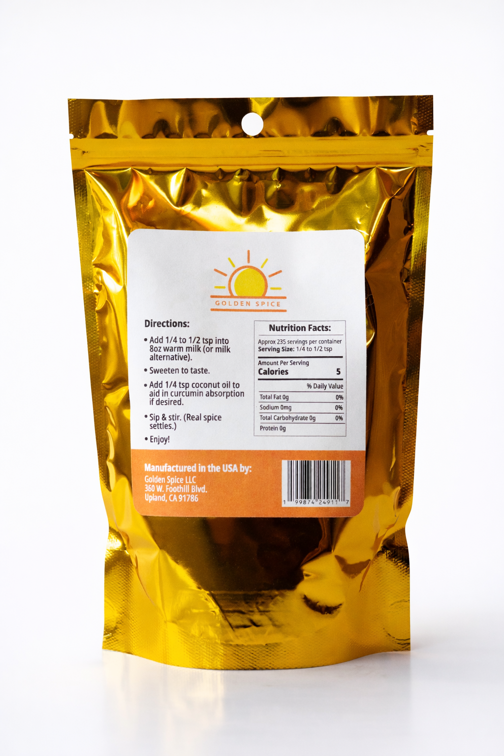 Back of Golden Spice 7oz pouch showing directions, nutrition facts, and ingredients