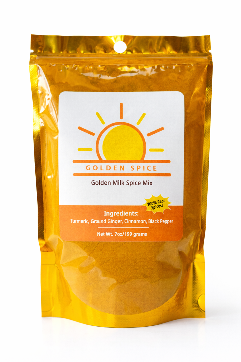 Golden Spice Golden Milk Spice Mix – 7oz resealable gold foil pouch, front view